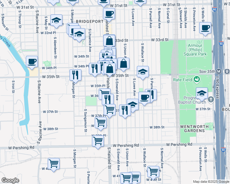 map of restaurants, bars, coffee shops, grocery stores, and more near 3558 South Emerald Avenue in Chicago