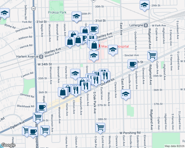 map of restaurants, bars, coffee shops, grocery stores, and more near 3438 South Oak Park Avenue in Berwyn