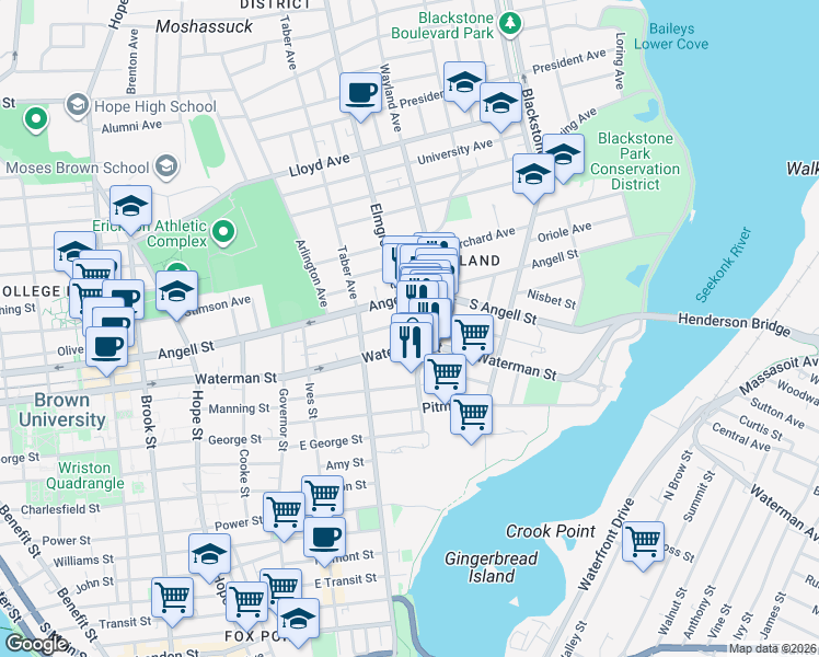 map of restaurants, bars, coffee shops, grocery stores, and more near 107 Medway Street in Providence