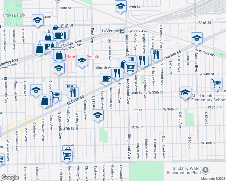 map of restaurants, bars, coffee shops, grocery stores, and more near 3441 Gunderson Avenue in Berwyn