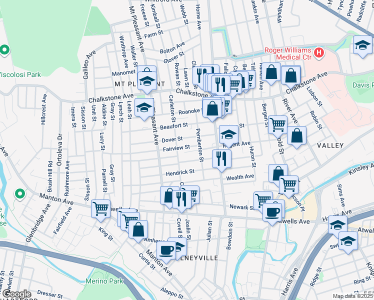 map of restaurants, bars, coffee shops, grocery stores, and more near 28 Fairview Street in Providence