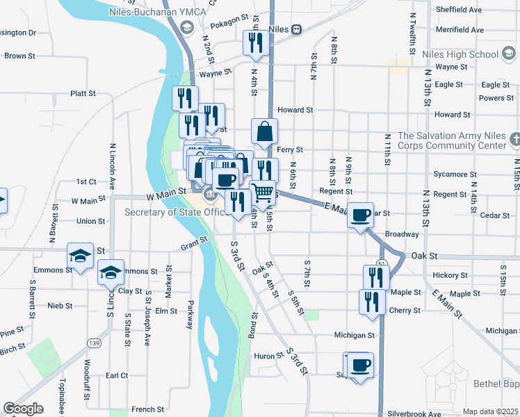 map of restaurants, bars, coffee shops, grocery stores, and more near 403 Cedar Street in Niles