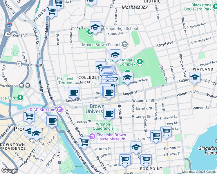 map of restaurants, bars, coffee shops, grocery stores, and more near 268 Thayer Street in Providence