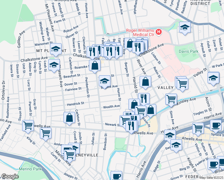 map of restaurants, bars, coffee shops, grocery stores, and more near 10 Canton Street in Providence