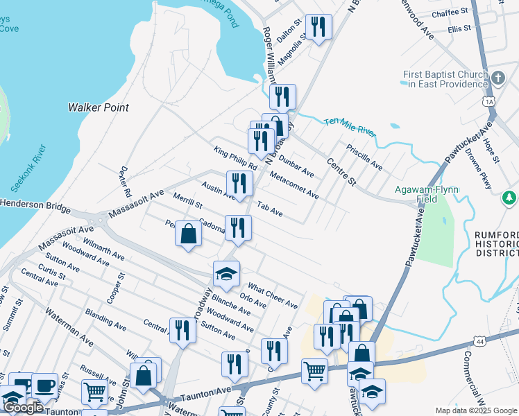 map of restaurants, bars, coffee shops, grocery stores, and more near 15 Tab Avenue in East Providence