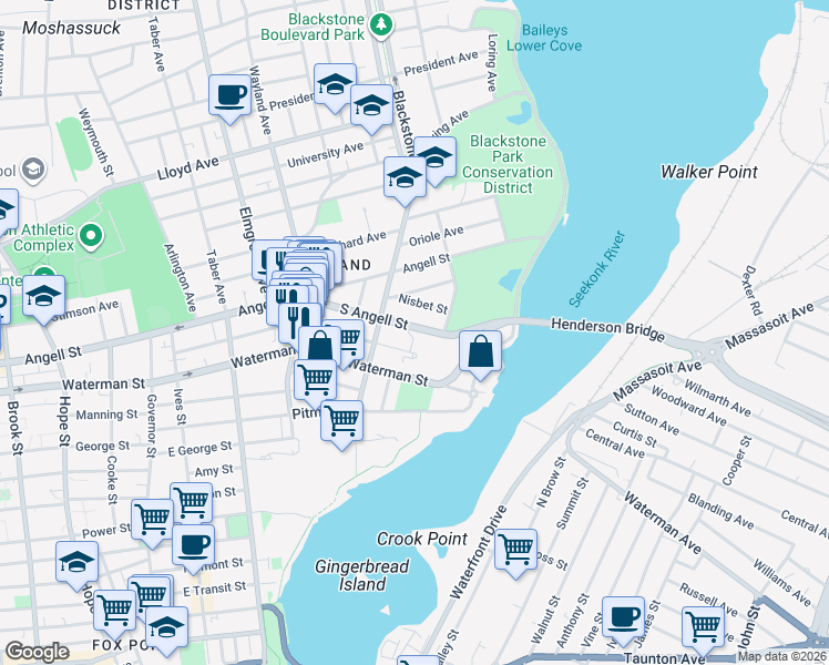 map of restaurants, bars, coffee shops, grocery stores, and more near 111 South Angell Street in Providence
