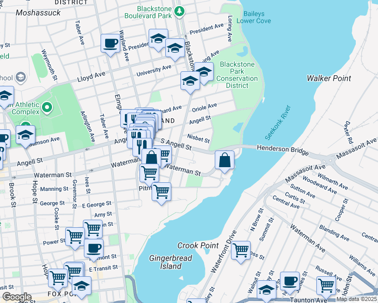 map of restaurants, bars, coffee shops, grocery stores, and more near 111 South Angell Street in Providence