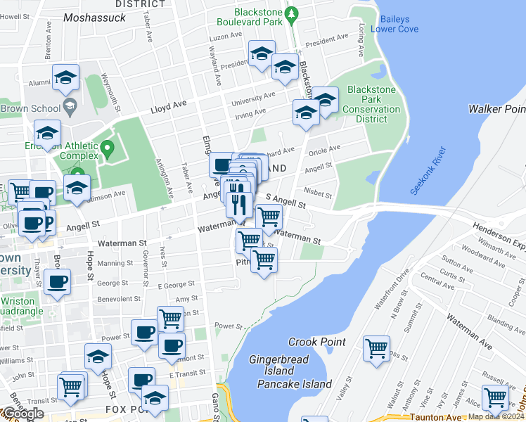 map of restaurants, bars, coffee shops, grocery stores, and more near 172 Medway Street in Providence