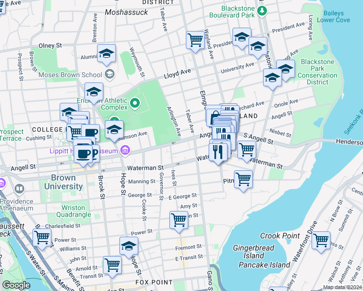 map of restaurants, bars, coffee shops, grocery stores, and more near 373 Angell Street in Providence