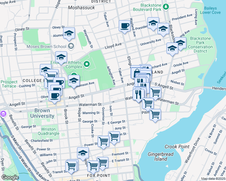 map of restaurants, bars, coffee shops, grocery stores, and more near 373 Angell Street in Providence