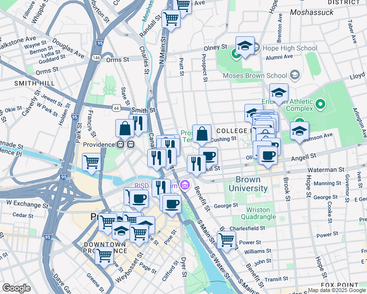 map of restaurants, bars, coffee shops, grocery stores, and more near 161 Benefit Street in Providence