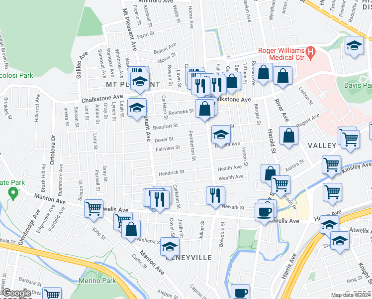 map of restaurants, bars, coffee shops, grocery stores, and more near 28 Fairview Street in Providence