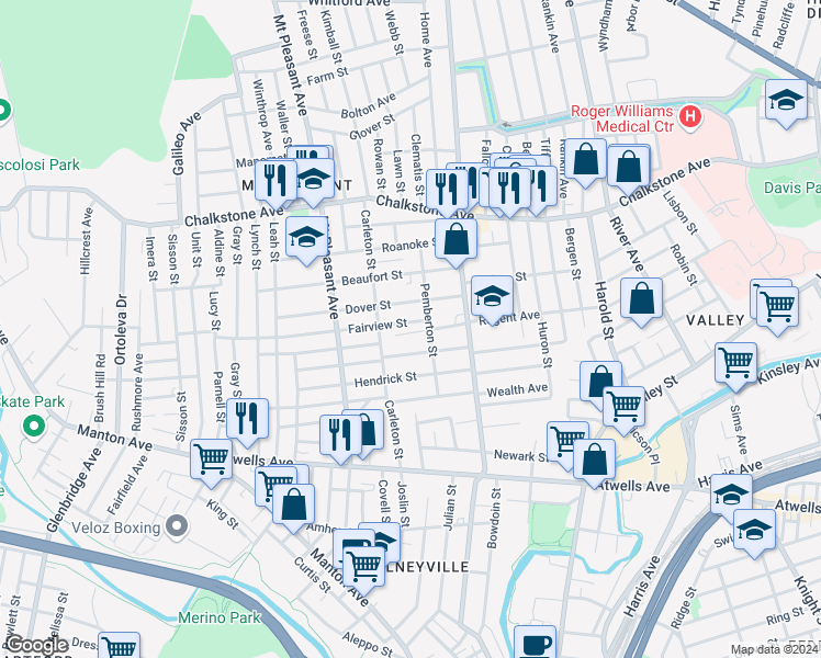 map of restaurants, bars, coffee shops, grocery stores, and more near 28 Fairview Street in Providence