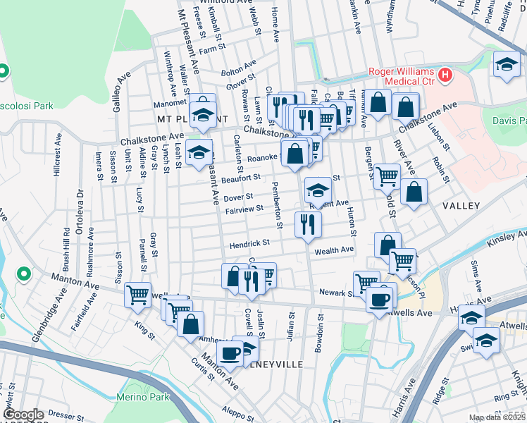 map of restaurants, bars, coffee shops, grocery stores, and more near 28 Fairview Street in Providence