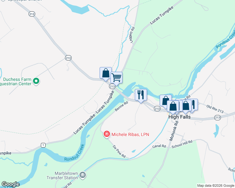 map of restaurants, bars, coffee shops, grocery stores, and more near 2303 Lucas Turnpike in High Falls