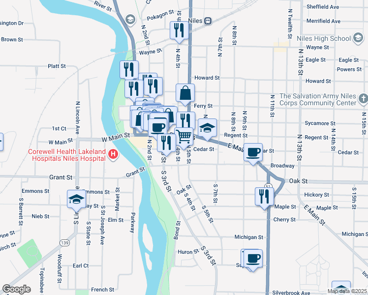 map of restaurants, bars, coffee shops, grocery stores, and more near 403 Cedar Street in Niles