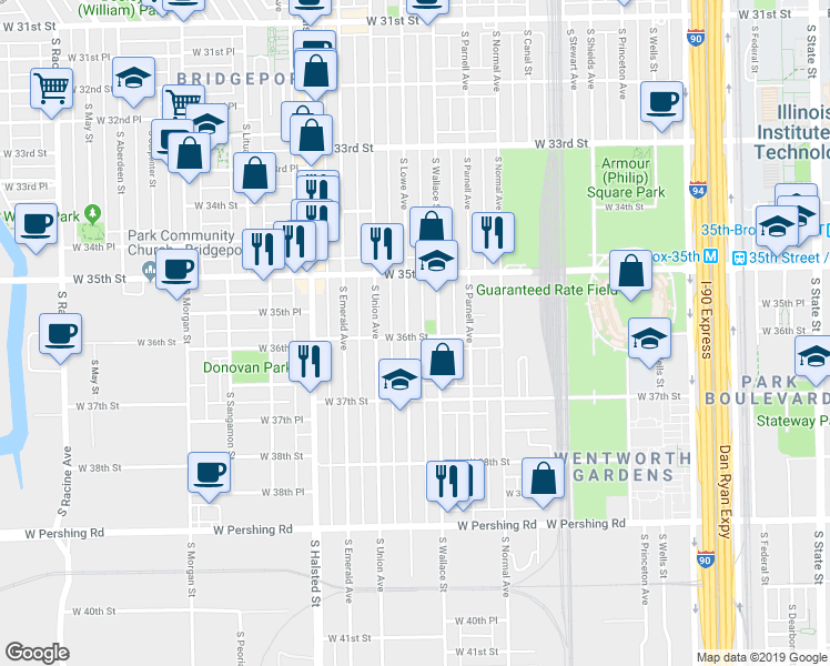 map of restaurants, bars, coffee shops, grocery stores, and more near 3559 South Lowe Avenue in Chicago
