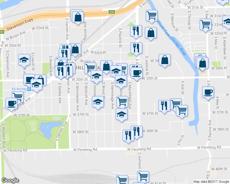 map of restaurants, bars, coffee shops, grocery stores, and more near 3551 South Hermitage Avenue in Chicago