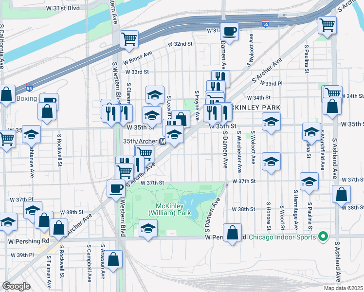map of restaurants, bars, coffee shops, grocery stores, and more near 3571 South Archer Avenue in Chicago