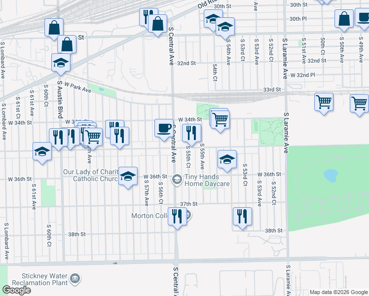 map of restaurants, bars, coffee shops, grocery stores, and more near 3501 South 55th Court in Cicero