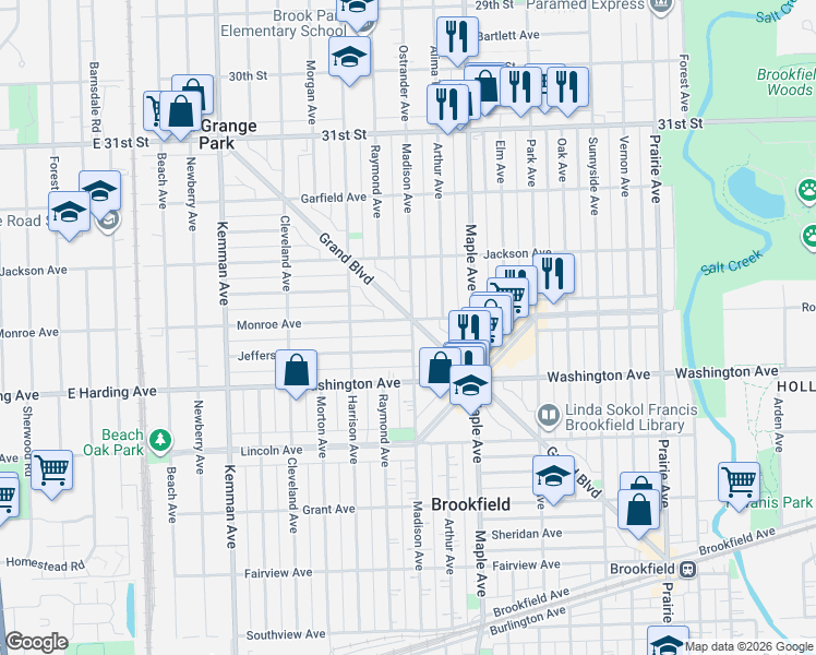 map of restaurants, bars, coffee shops, grocery stores, and more near 3717 West Sauk Trail in Brookfield