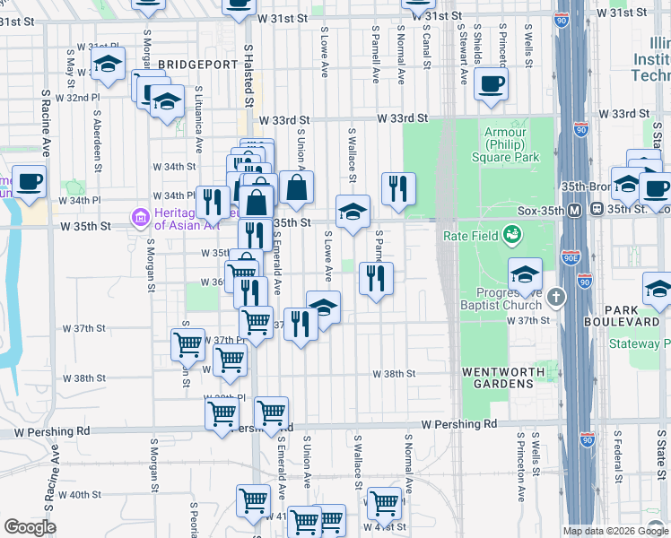 map of restaurants, bars, coffee shops, grocery stores, and more near 3559 South Lowe Avenue in Chicago
