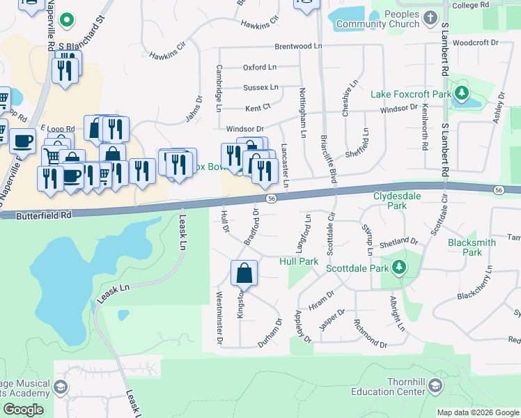 map of restaurants, bars, coffee shops, grocery stores, and more near 1203 Salford Court in Wheaton