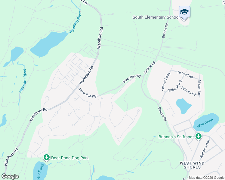 map of restaurants, bars, coffee shops, grocery stores, and more near River Run Way in Plymouth