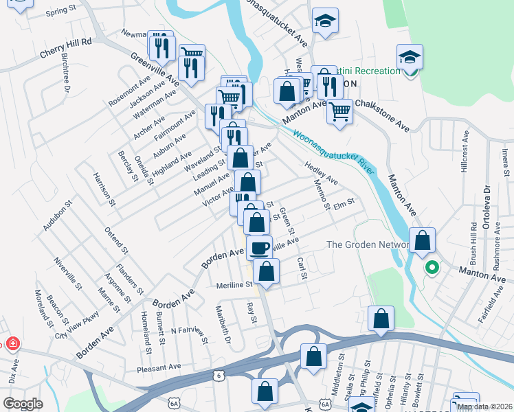 map of restaurants, bars, coffee shops, grocery stores, and more near 41 King Street in Johnston