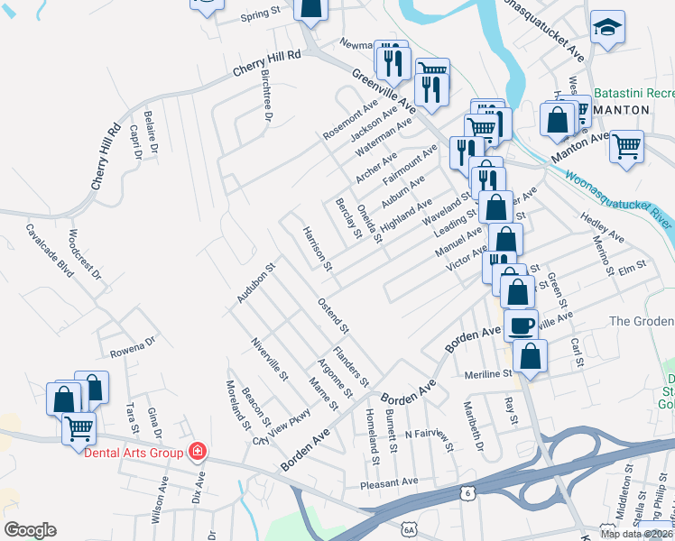 map of restaurants, bars, coffee shops, grocery stores, and more near 12 Harrison Street in Johnston