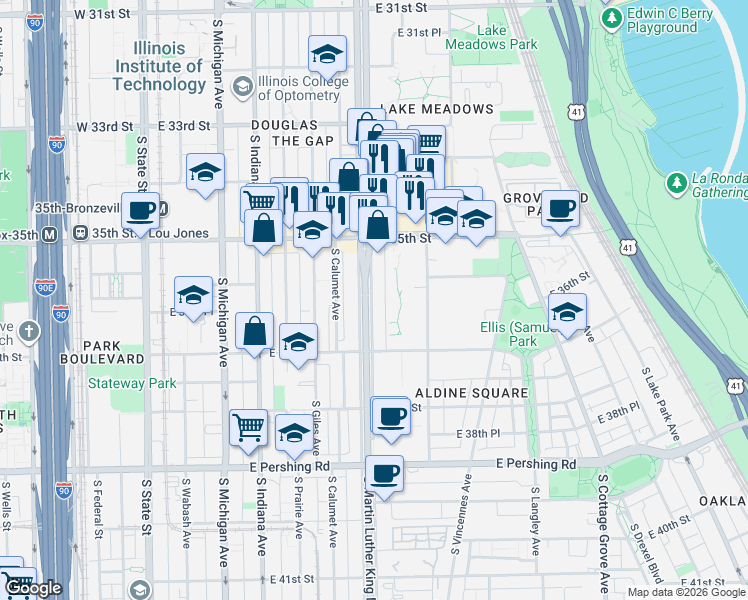 map of restaurants, bars, coffee shops, grocery stores, and more near 3609 South King Drive in Chicago