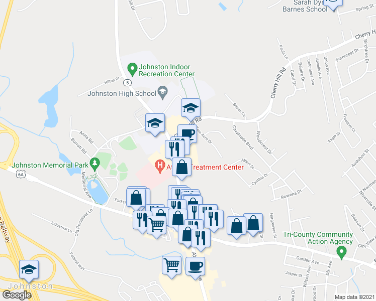 map of restaurants, bars, coffee shops, grocery stores, and more near 1577 Atwood Avenue in Johnston