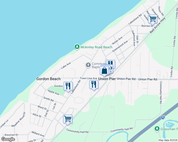 map of restaurants, bars, coffee shops, grocery stores, and more near 16019 Lakeshore Road in Union Pier