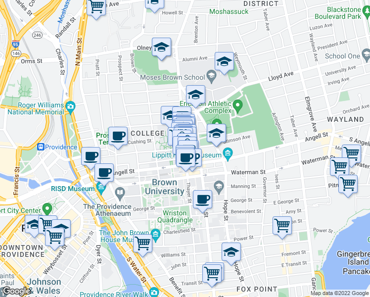 map of restaurants, bars, coffee shops, grocery stores, and more near Thayer St & Meeting St in Providence