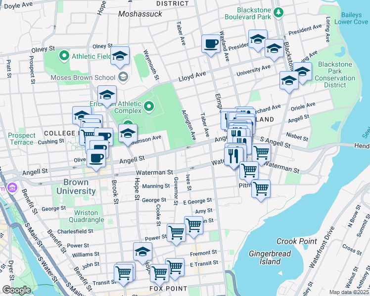 map of restaurants, bars, coffee shops, grocery stores, and more near Angell Street in Providence