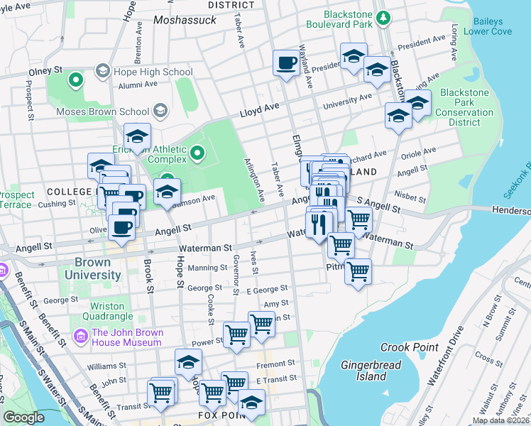 map of restaurants, bars, coffee shops, grocery stores, and more near 373 Angell Street in Providence