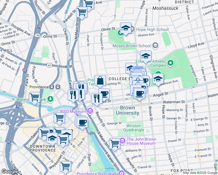 map of restaurants, bars, coffee shops, grocery stores, and more near 100 Meeting Street in Providence
