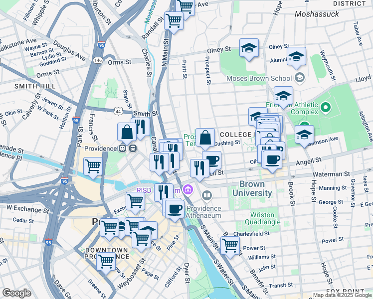map of restaurants, bars, coffee shops, grocery stores, and more near 161 Benefit Street in Providence