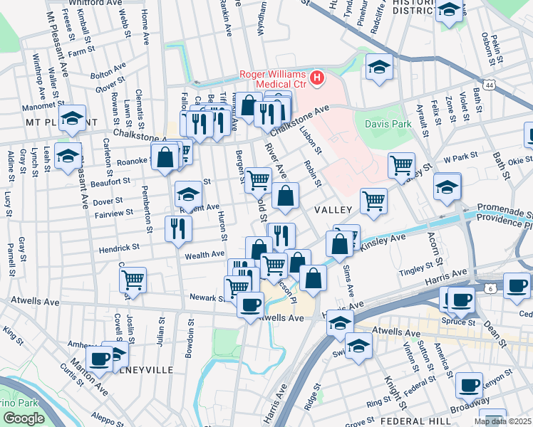 map of restaurants, bars, coffee shops, grocery stores, and more near 88 Allston Street in Providence