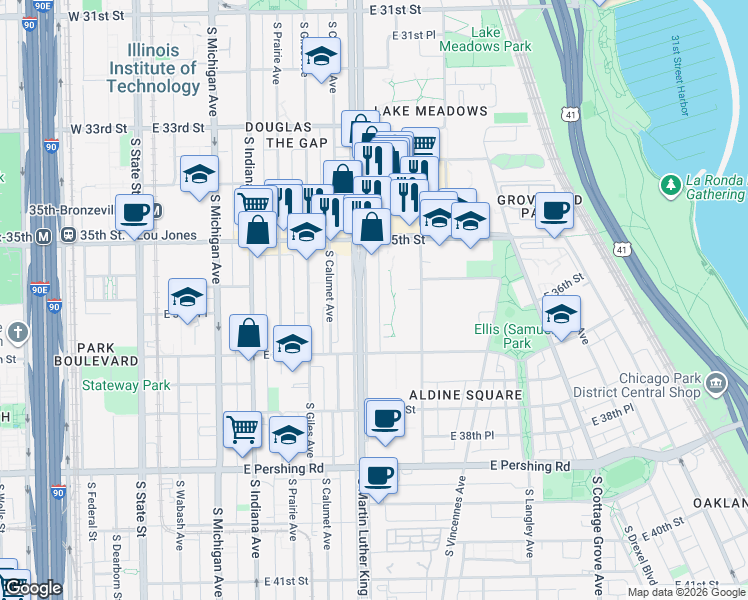 map of restaurants, bars, coffee shops, grocery stores, and more near 3609 South King Drive in Chicago