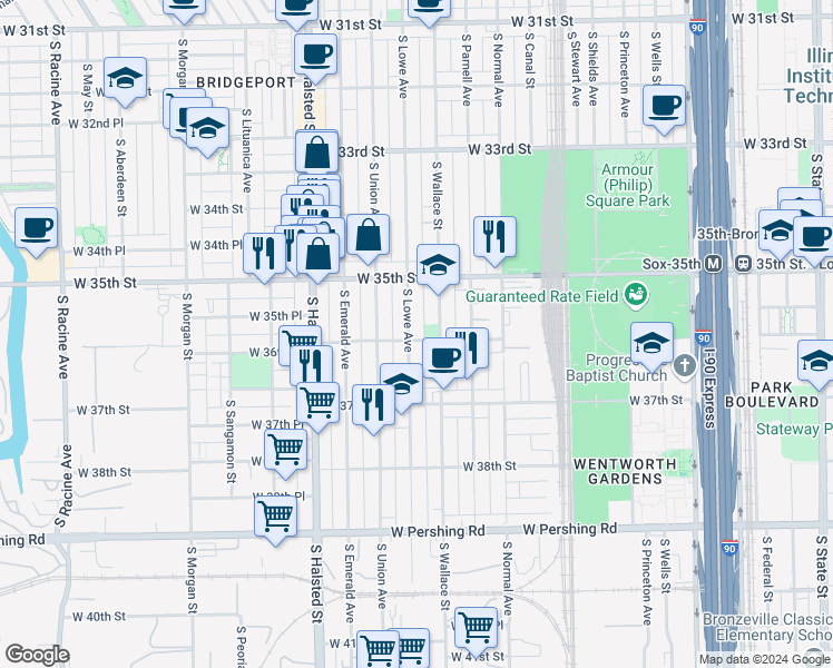 map of restaurants, bars, coffee shops, grocery stores, and more near 3559 South Lowe Avenue in Chicago