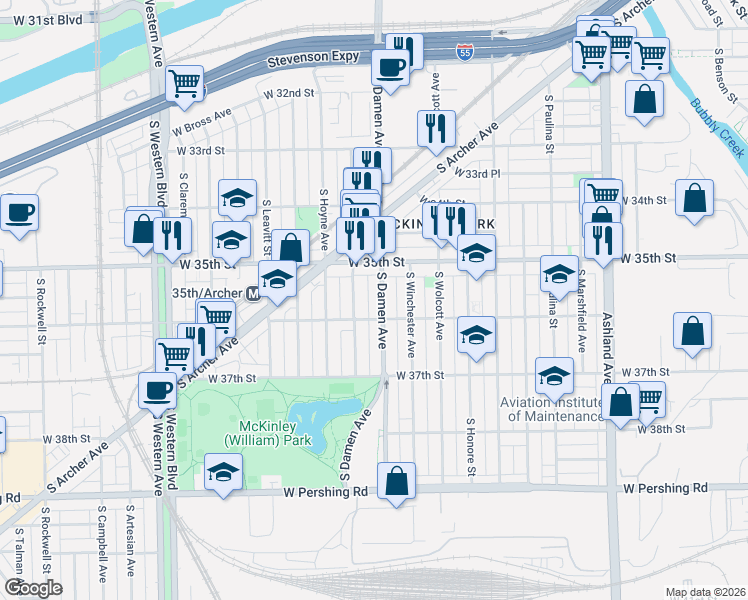map of restaurants, bars, coffee shops, grocery stores, and more near 3549 South Damen Avenue in Chicago