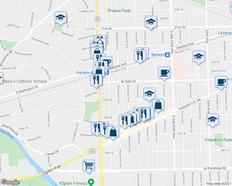 map of restaurants, bars, coffee shops, grocery stores, and more near 3437 Maple Avenue in Berwyn