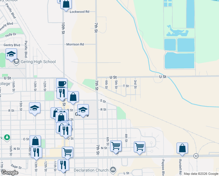 map of restaurants, bars, coffee shops, grocery stores, and more near 1925 5th Street in Gering