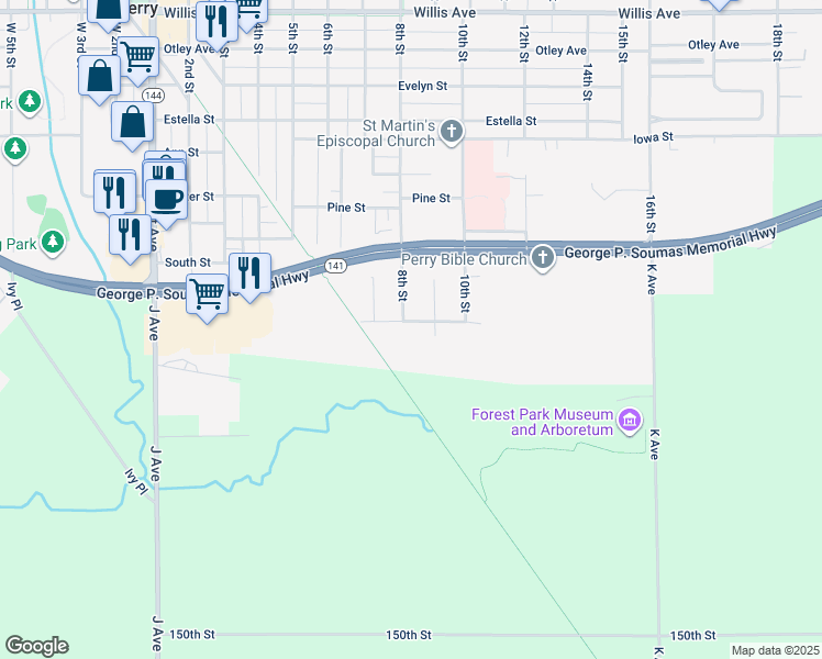 map of restaurants, bars, coffee shops, grocery stores, and more near 1801 Southgate Drive in Perry