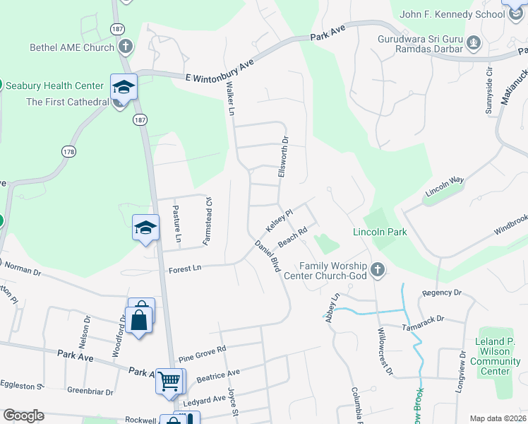 map of restaurants, bars, coffee shops, grocery stores, and more near 12 Kelsey Place in Bloomfield