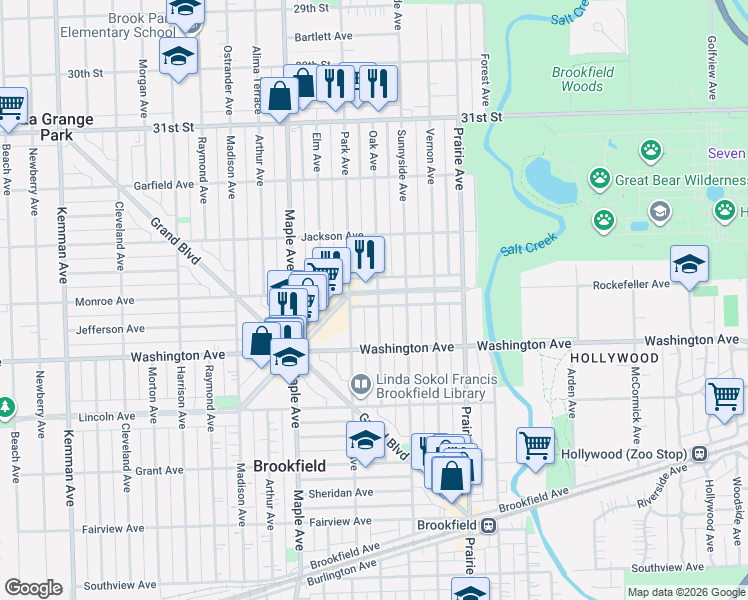 map of restaurants, bars, coffee shops, grocery stores, and more near 3413 Oak Avenue in Brookfield