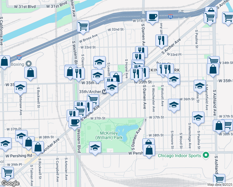 map of restaurants, bars, coffee shops, grocery stores, and more near 3571 South Archer Avenue in Chicago