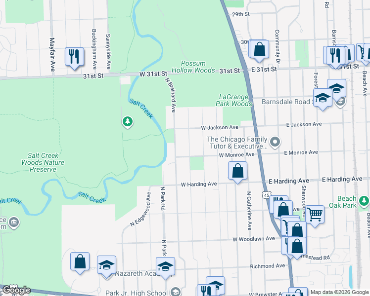 map of restaurants, bars, coffee shops, grocery stores, and more near 803 North Stone Avenue in La Grange Park