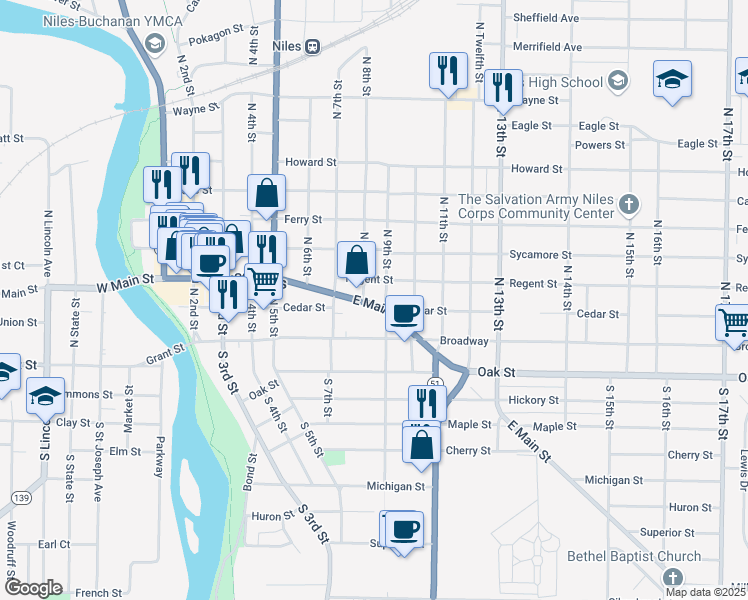 map of restaurants, bars, coffee shops, grocery stores, and more near 809 East Main Street in Niles